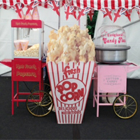 Popcorn and Candy Floss Carts for Hire with giant Popcorn box